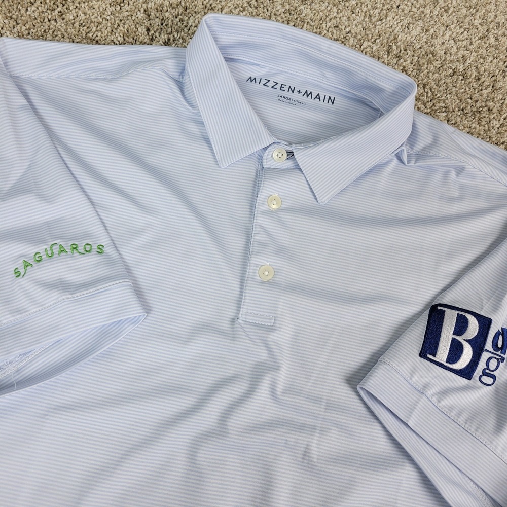 Mizzen + Main Mens Large White Blue Striped Performance Stretch Polo SS